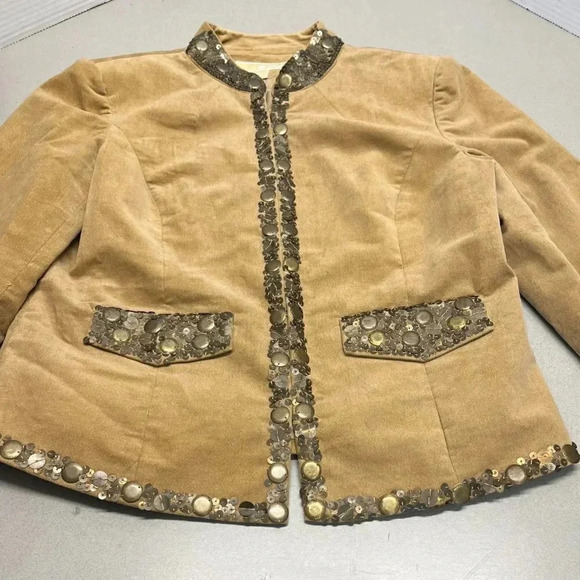 MICHAEL KORS WOMENS SIZE 10 SEQUIN KHAKI CLASP CLOSURE JACKET - Picture 5 of 7
